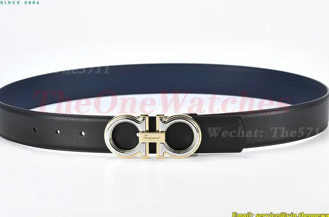 YG Brass Buckle on Black Blue Leather Belt 3.5cm