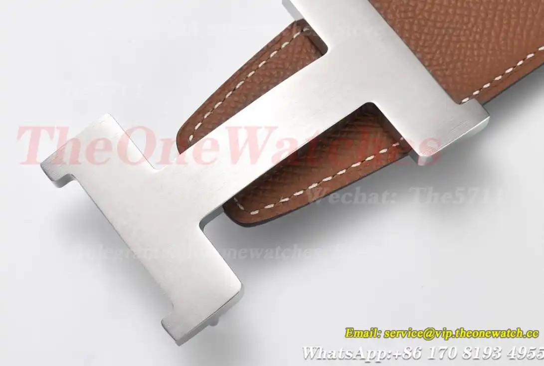 Silver Hermes SS Buckle on Brown Black Leather Belt 3.8cm