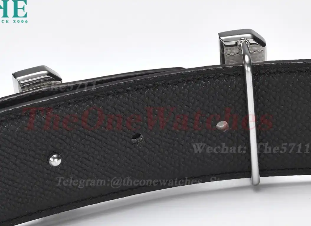 Silver Hermes SS Buckle on Black Black Leather Belt 3.8cm