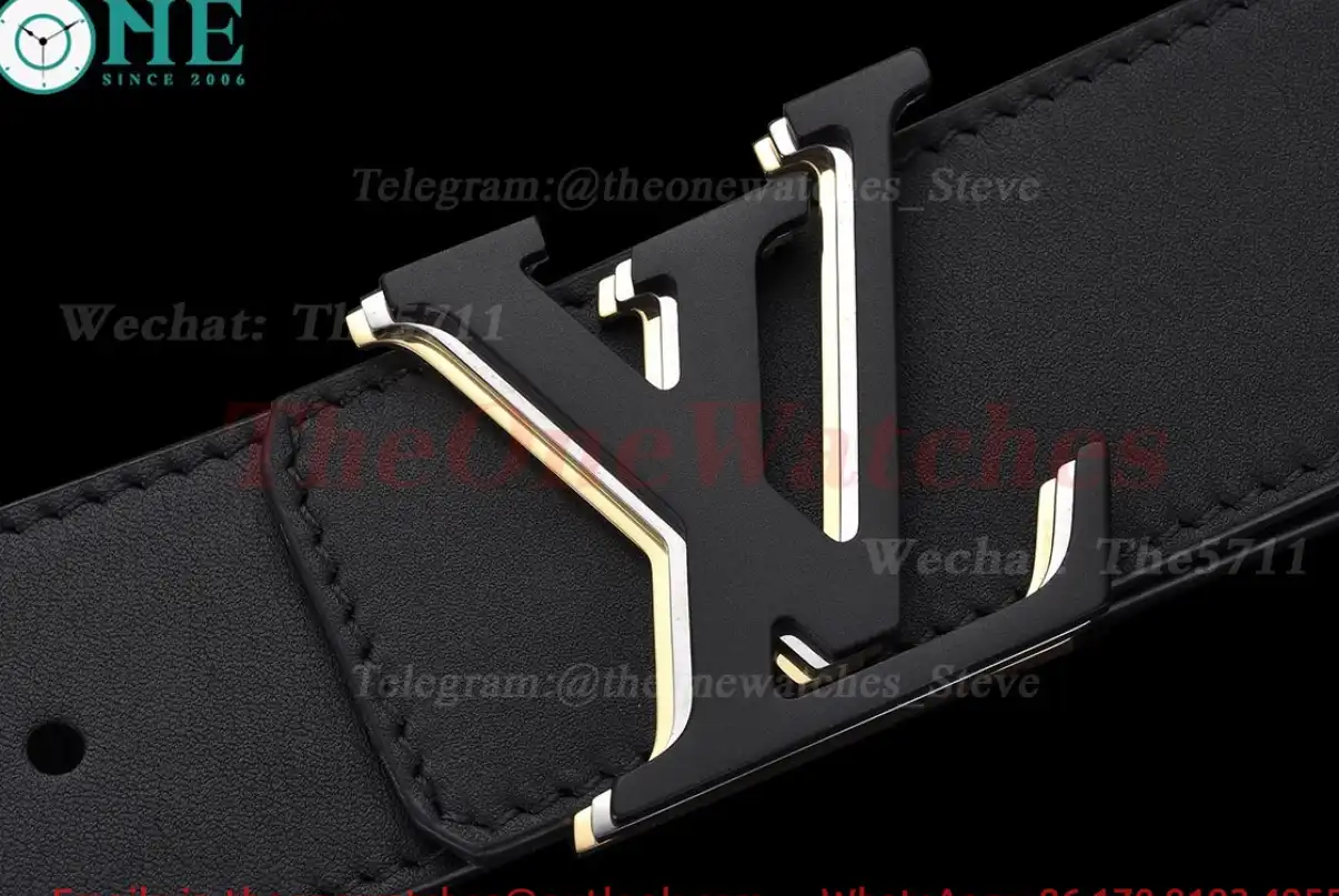 Triple LV Brass Buckle on Black Leather Belt 4.0cm