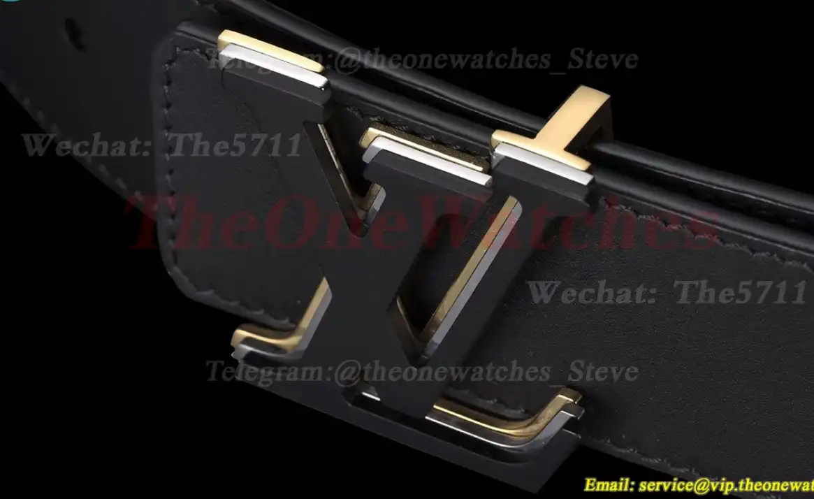 Triple LV Brass Buckle on Black Leather Belt 4.0cm