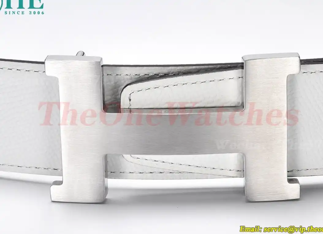 Silver Hermes SS Buckle on White Black Leather Belt 3.8cm