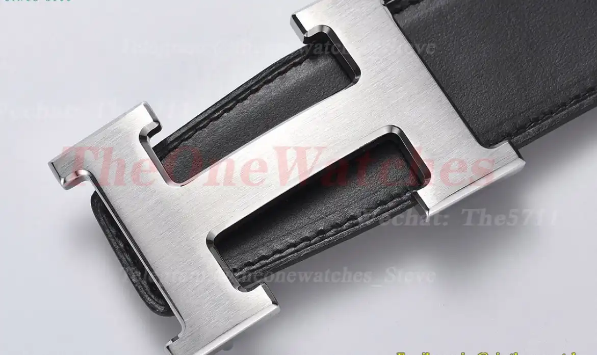 Silver Hermes SS Buckle on Brown Black Leather Belt 3.8cm