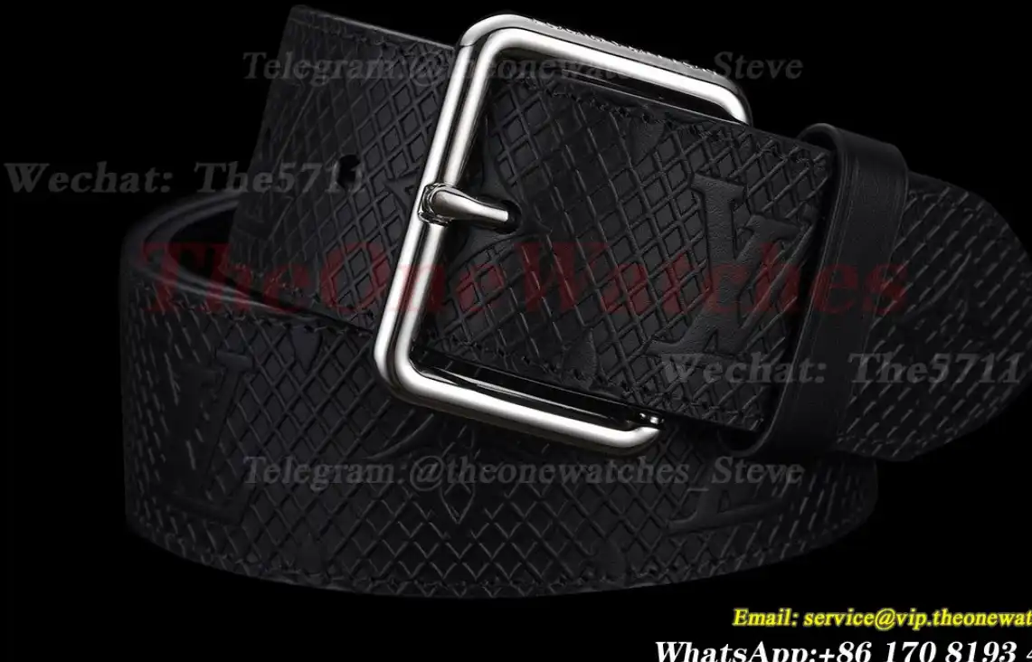 Silver LV Brass Buckle on Black Leather Belt 4.0cm