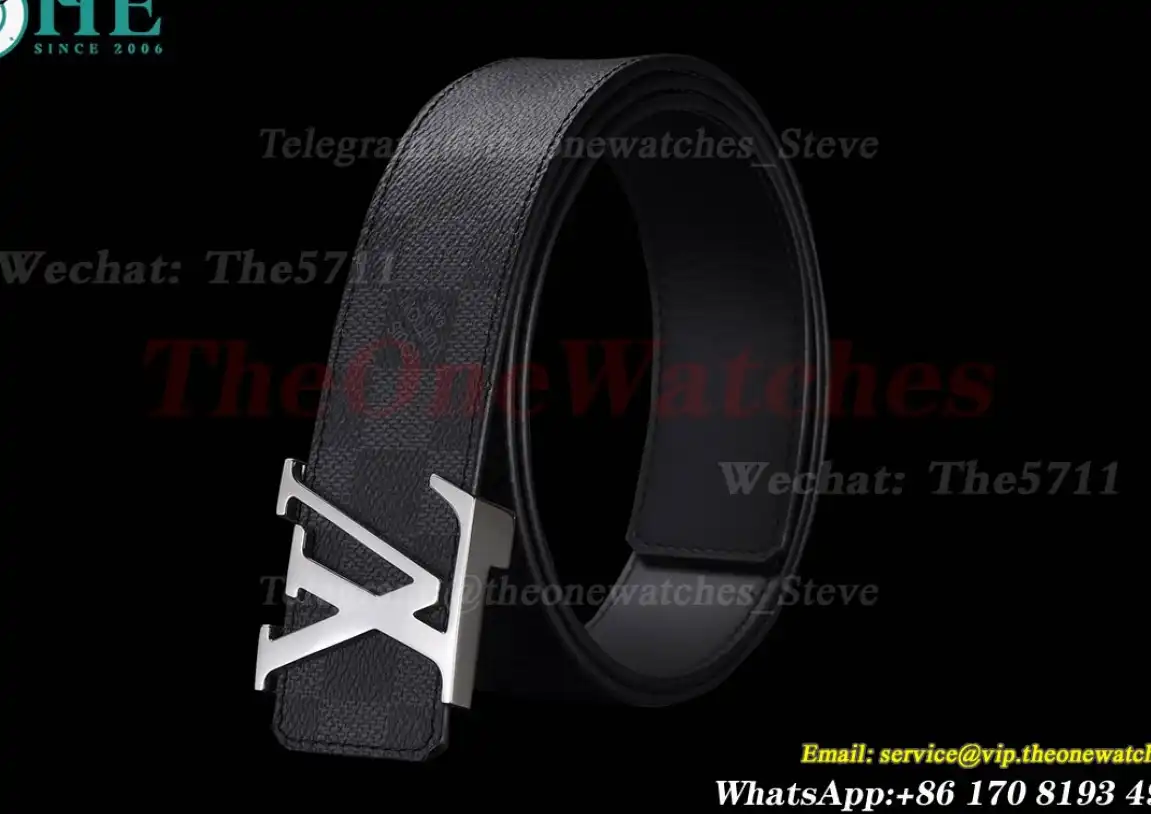 Bright Grey LV Brass Buckle on Black Leather Belt 4.0cm