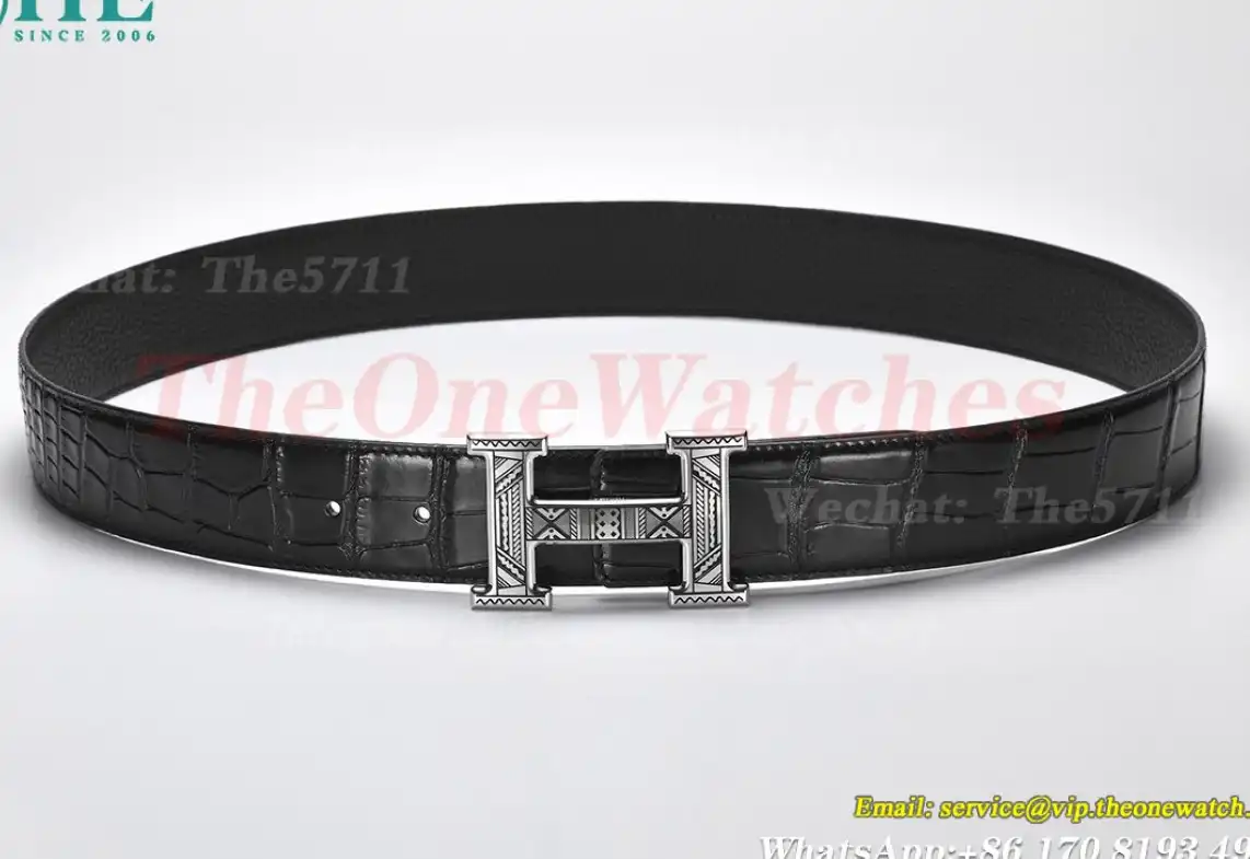 Silver Hermes SS Buckle on Black Black Leather Belt 3.8cm