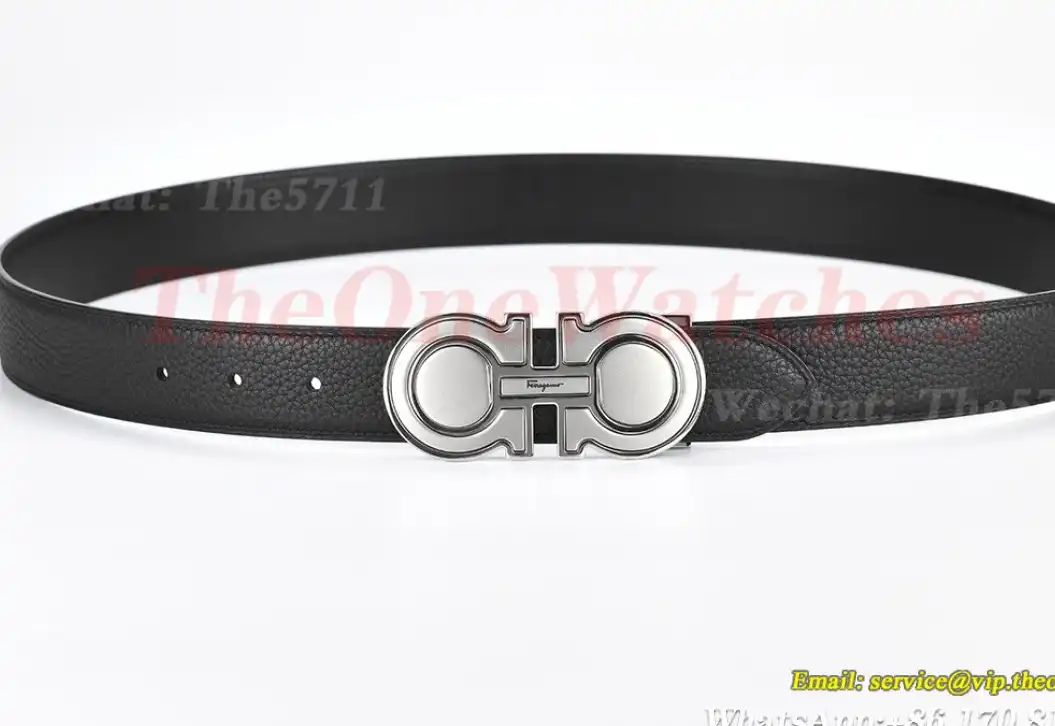 Silver Brass Buckle on Black Black Leather Belt 3.5cm