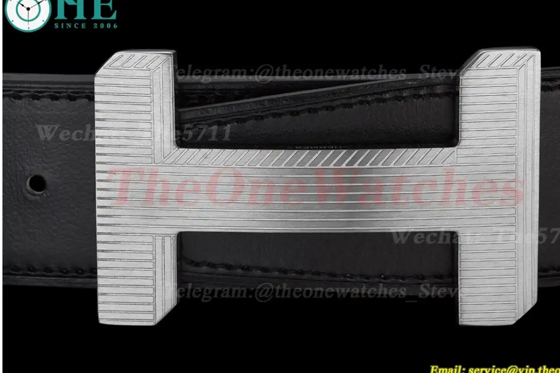 Silver Hermes SS Buckle on Black Leather Belt 3.8cm