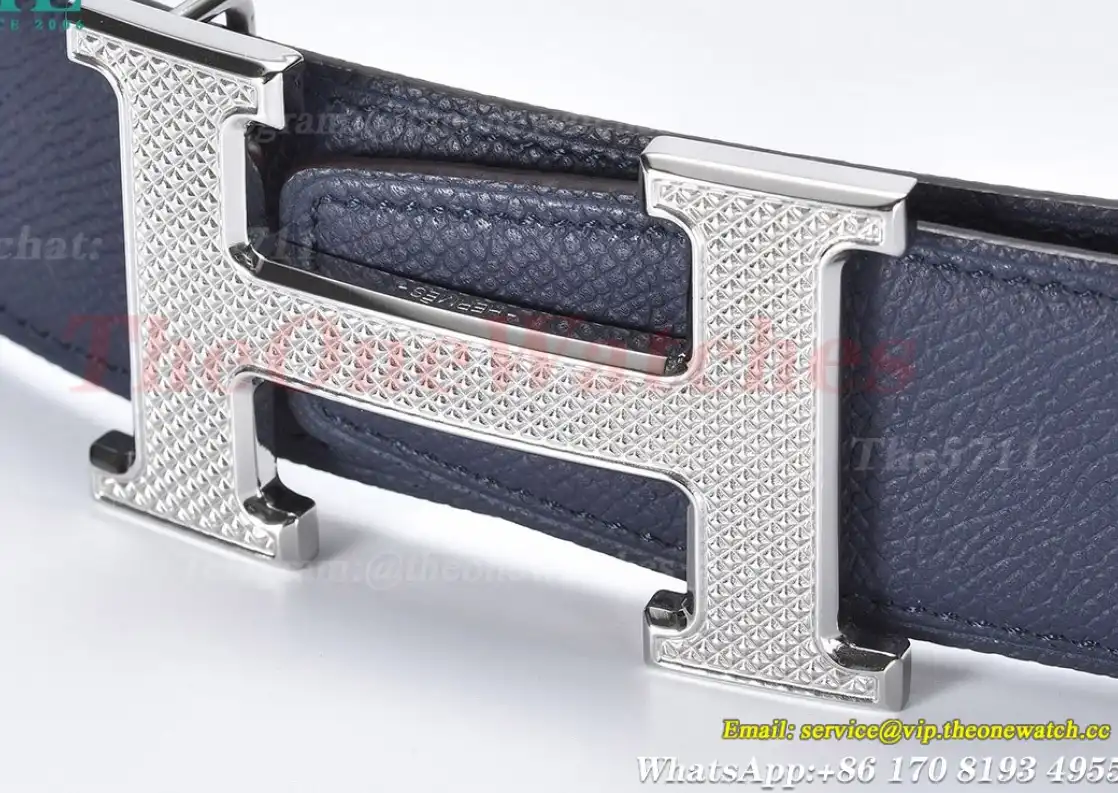 YG Hermes SS Buckle on Blue Black Leather Belt 3.8cm