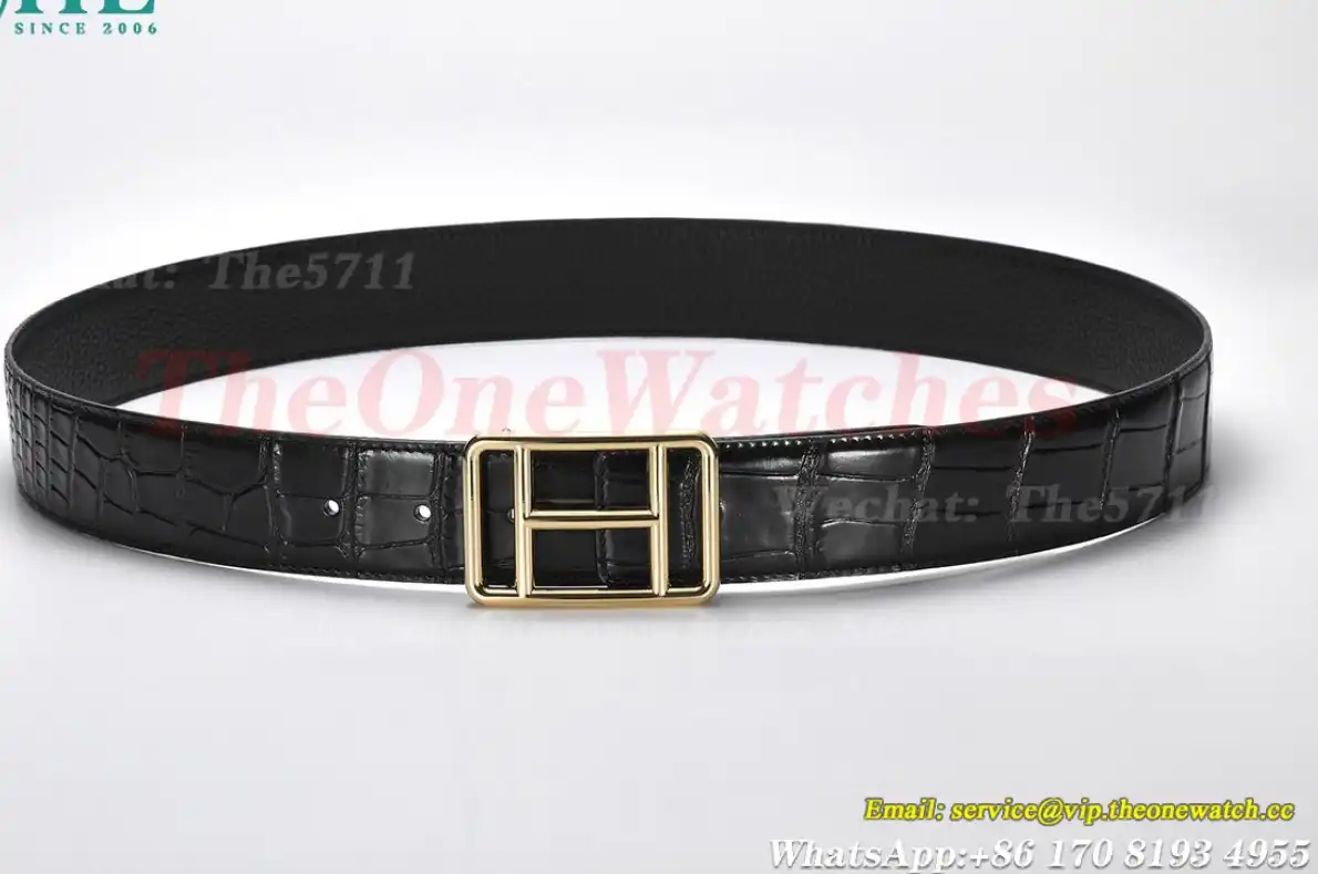 YG Hermes SS Buckle on Black Black Leather Belt 3.8cm