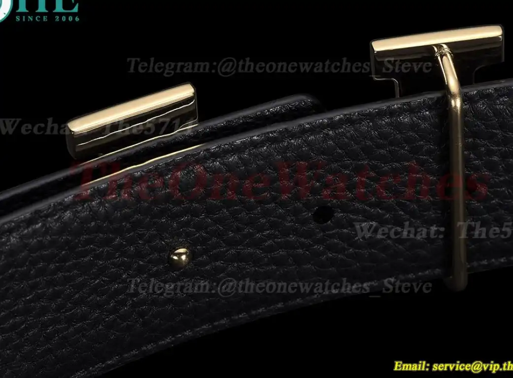 YG Hermes SS Buckle on Black Leather Belt 3.8cm