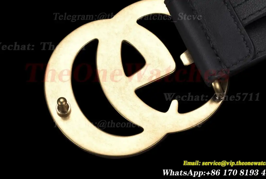 Gold Double G Buckle on Black Leather Belt 4.0cm