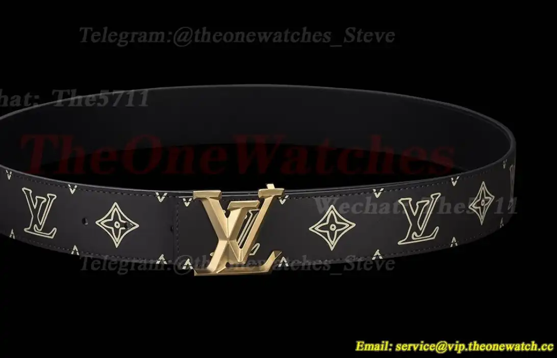 Yellow Gold LV Brass Buckle on Black Leather Belt 4.0cm