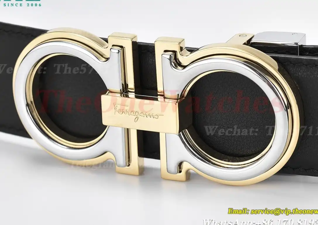 YG Brass Buckle on Black Blue Leather Belt 3.5cm