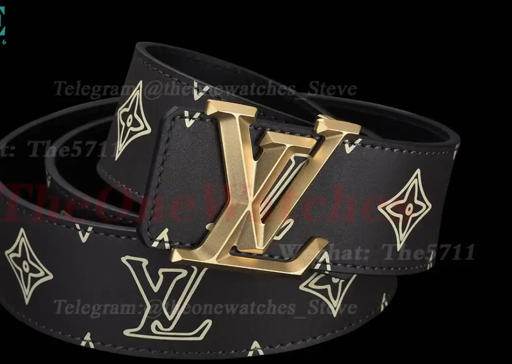 Yellow Gold LV Brass Buckle on Black Leather Belt 4.0cm