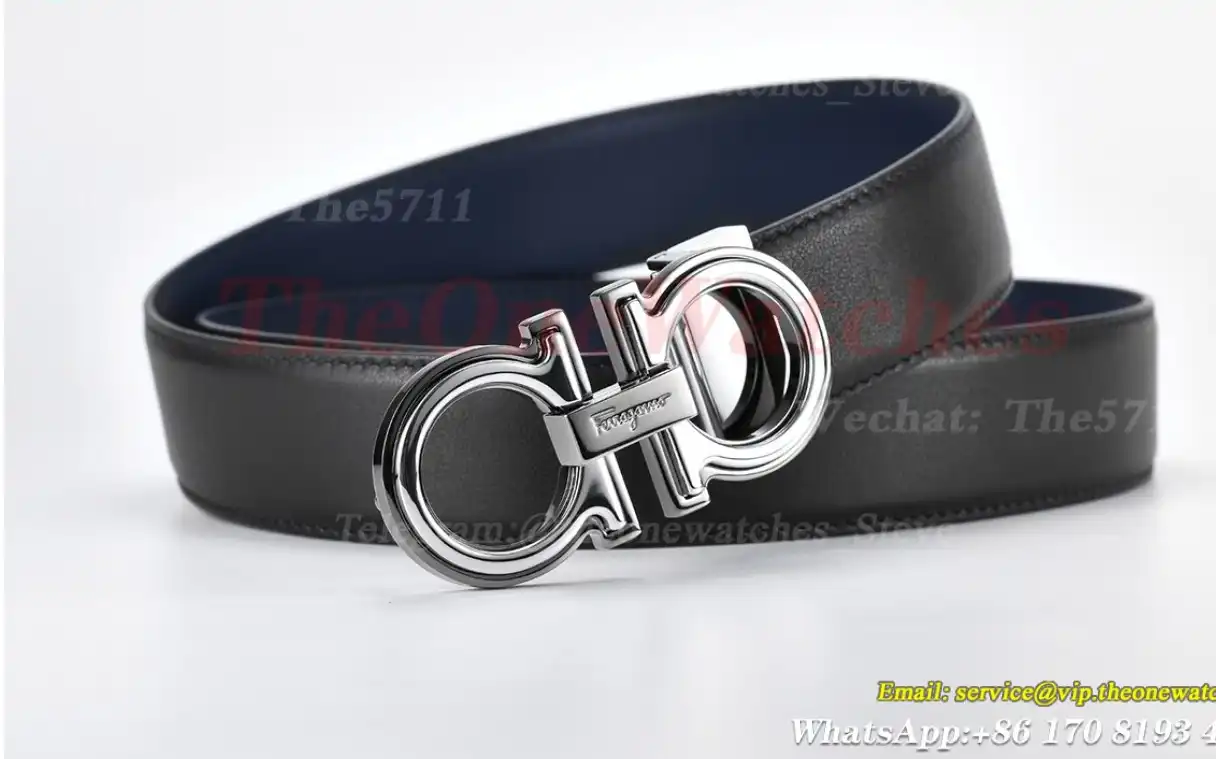 Silver Brass Buckle on Black Blue Leather Belt 3.5cm