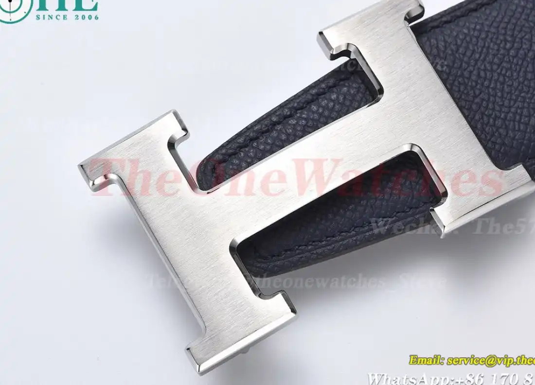 Silver Hermes SS Buckle on Blue Black Leather Belt 3.8cm