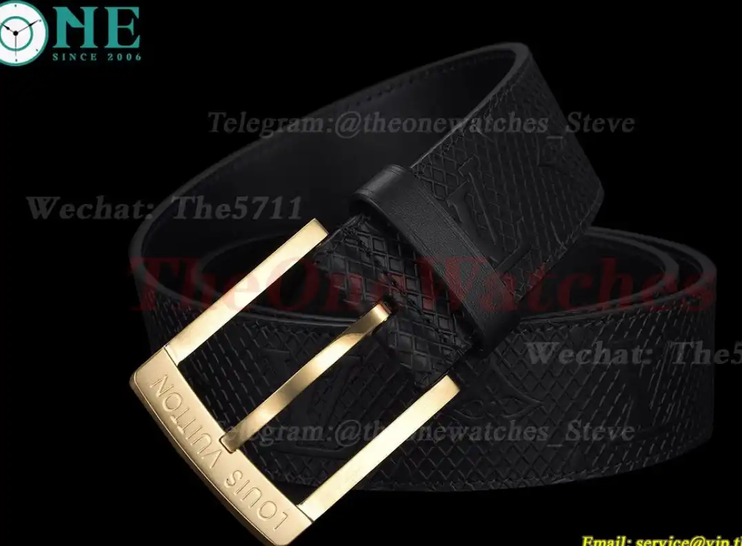 Yellow Gold LV Brass Buckle on Black Leather Belt 4.0cm