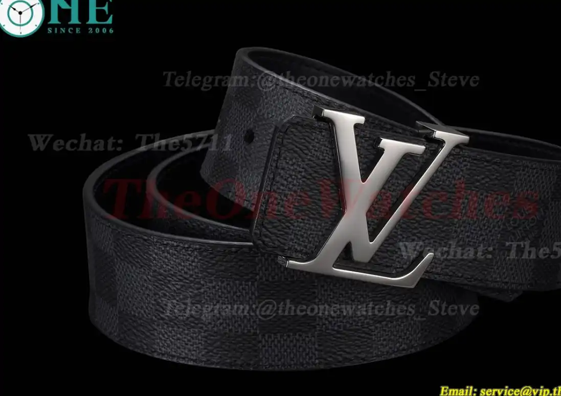 Bright Grey LV Brass Buckle on Black Leather Belt 4.0cm