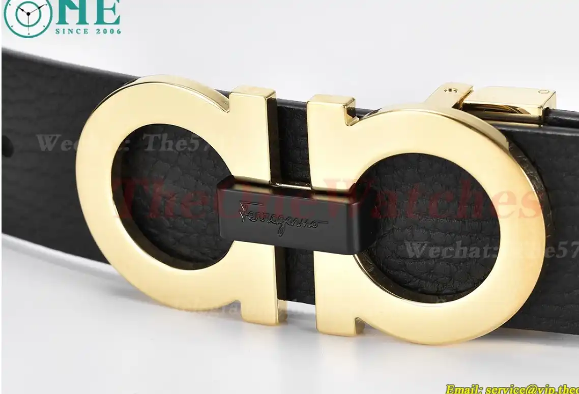 YG Brass Buckle on Black Brownish Leather Belt 3.5cm