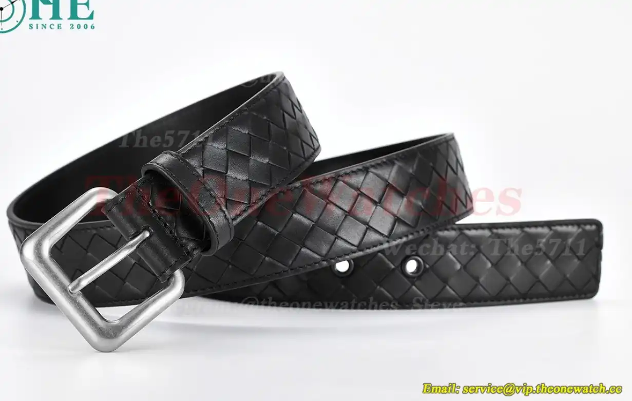 Silver Brass Buckle on Black Braided Leather Belt 4.0cm