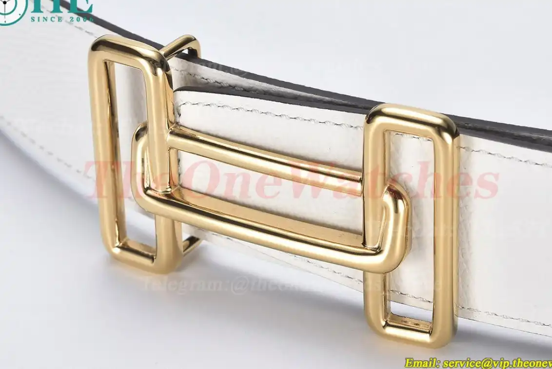 YG Hermes SS Buckle on White Black Leather Belt 3.8cm