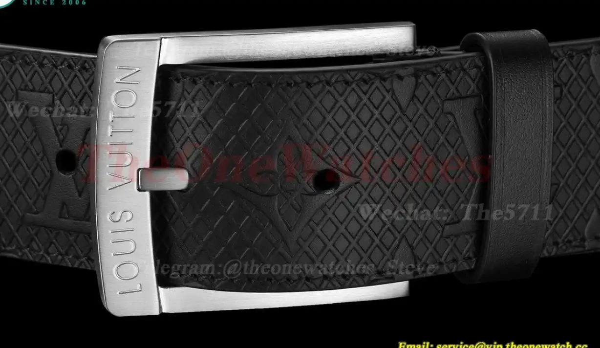 Silver LV SS Buckle on Black Checkered Leather Belt 3.5cm