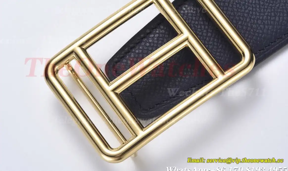 YG Hermes SS Buckle on Blue Black Leather Belt 3.8cm