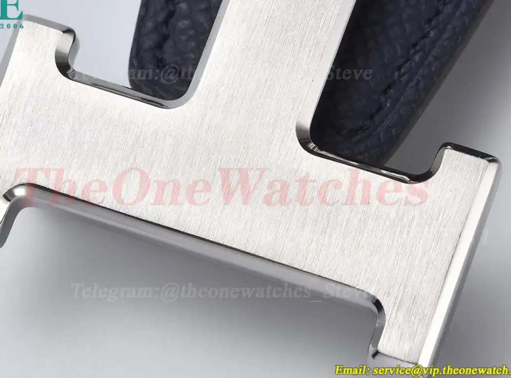 Silver Hermes SS Buckle on Blue Black Leather Belt 3.8cm