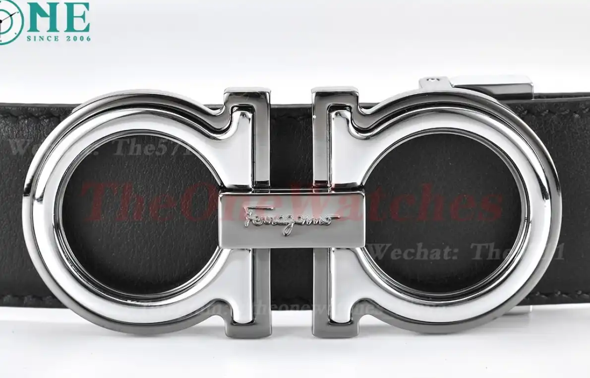 Silver Brass Buckle on Black Blue Leather Belt 3.5cm