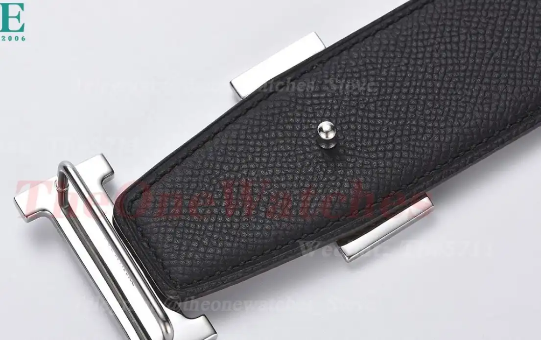 Silver Hermes SS Buckle on apricot Black Leather Belt 3.8cm