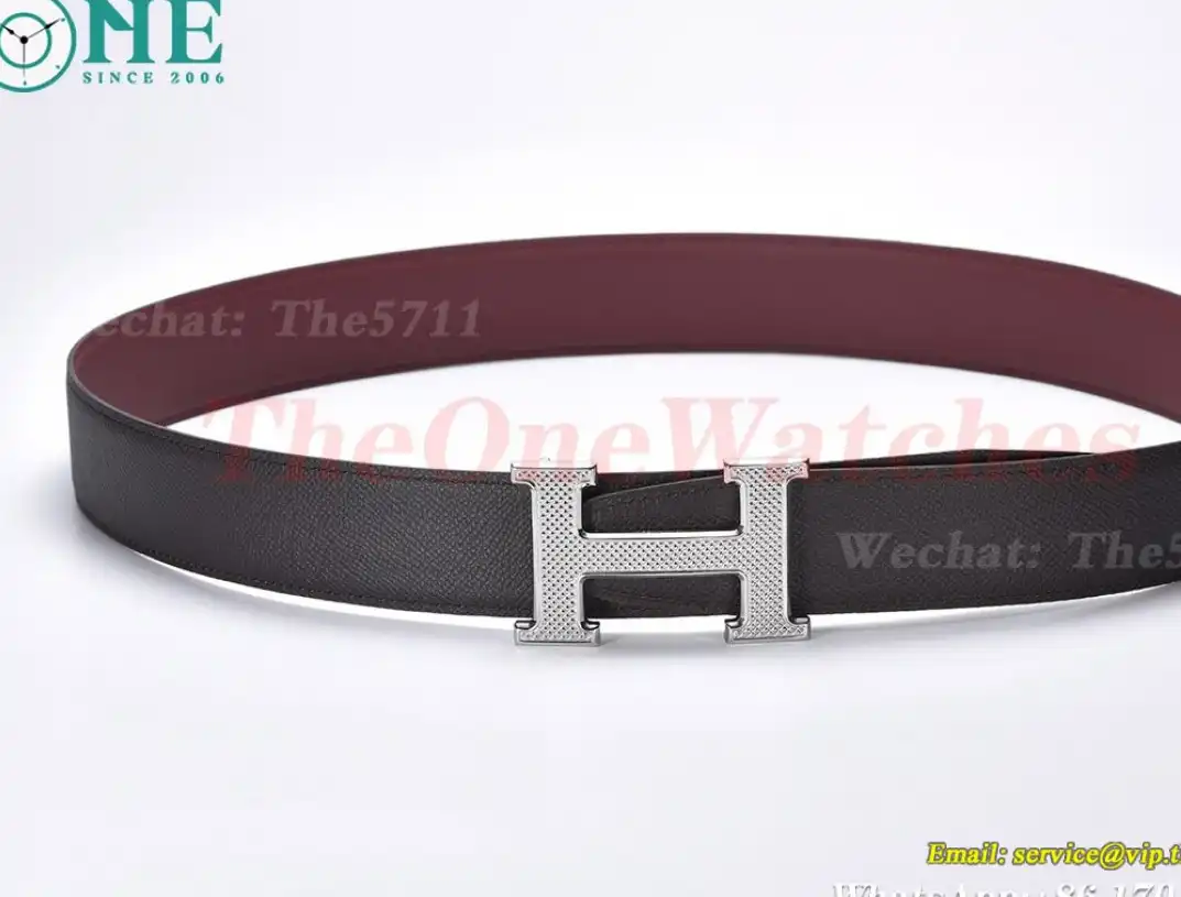 Silver Hermes SS Buckle on Red Black Leather Belt 3.8cm