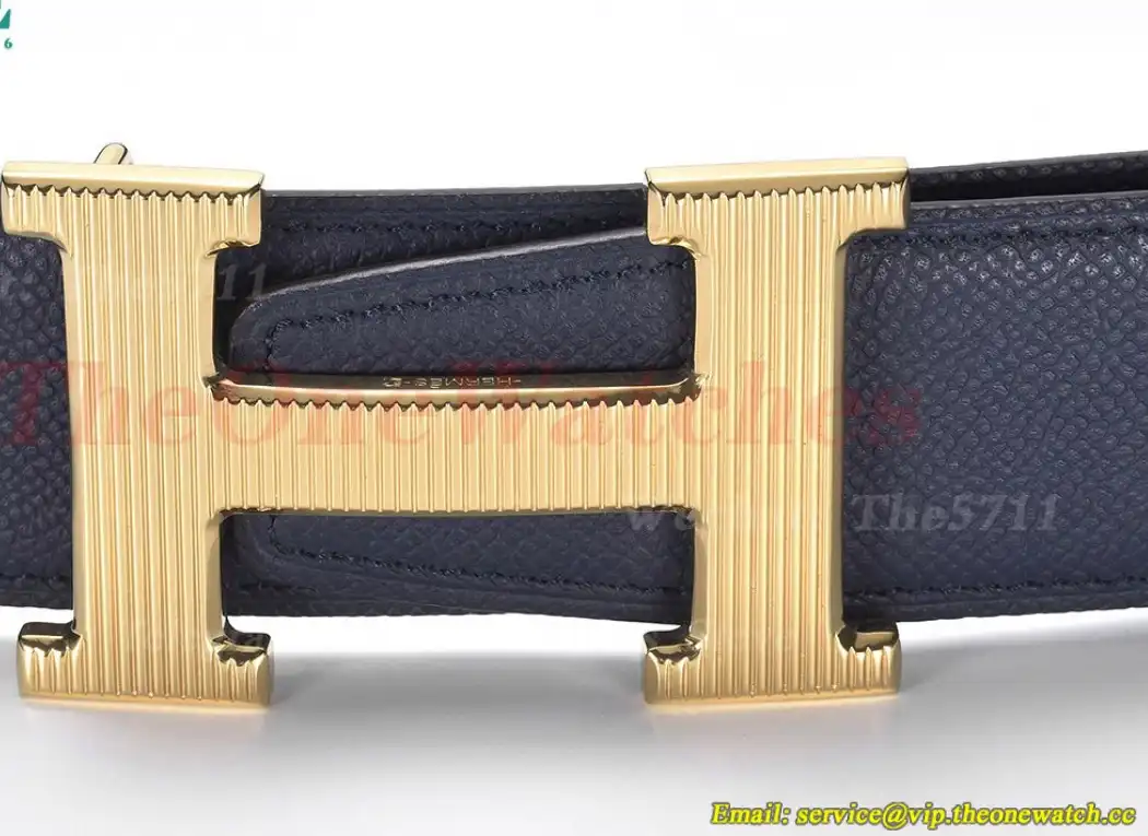 YG Hermes SS Buckle on Blue Black Leather Belt 3.8cm