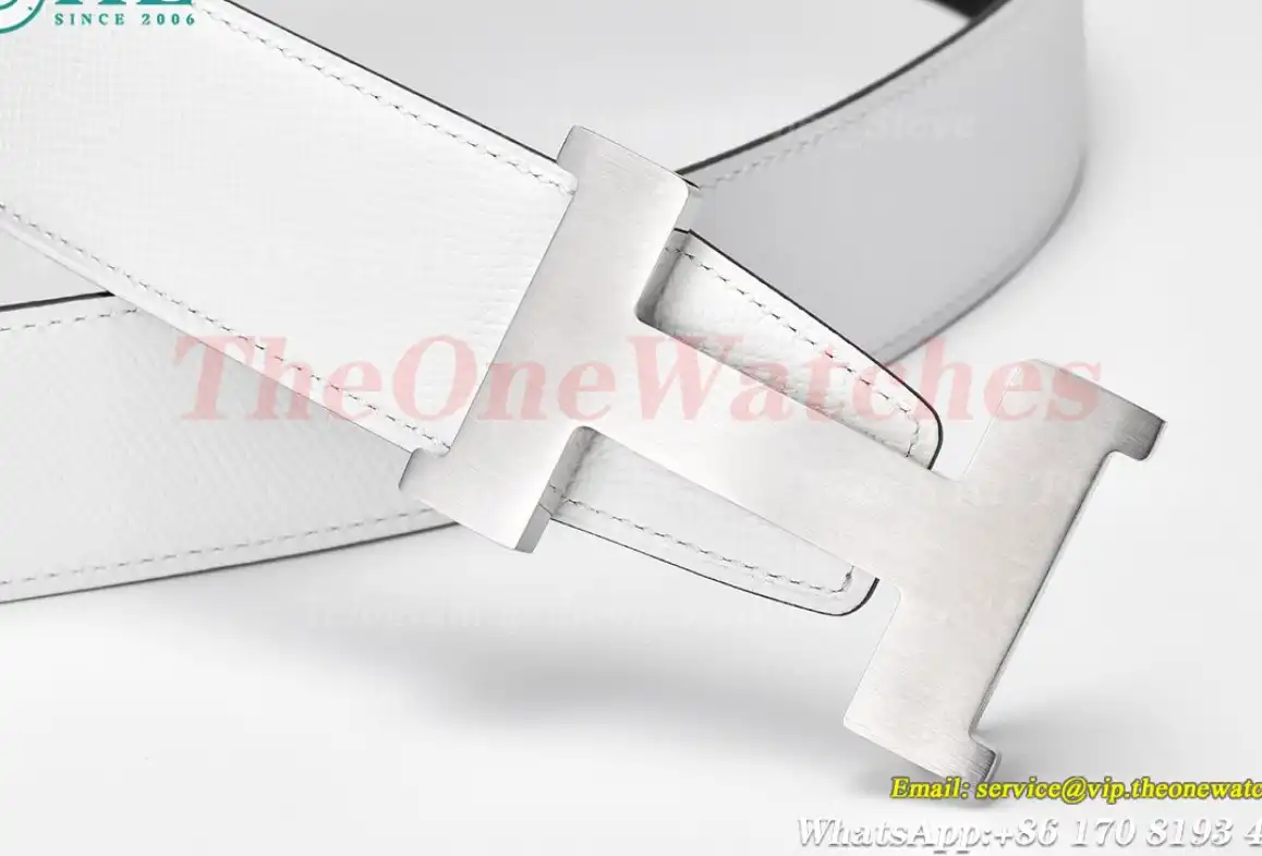 Silver Hermes SS Buckle on White Black Leather Belt 3.8cm