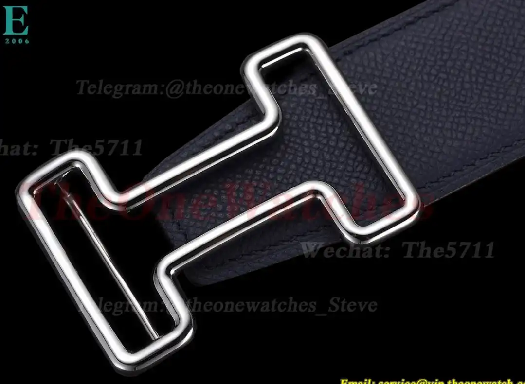 Silver Hermes SS Buckle on Blue Leather Belt 3.8cm