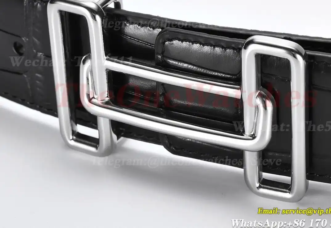 Silver Hermes SS Buckle on Black Black Leather Belt 3.8cm