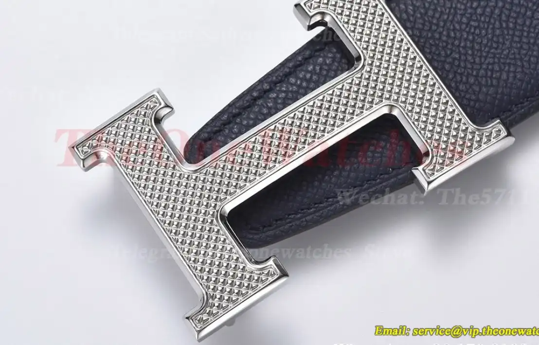 YG Hermes SS Buckle on Blue Black Leather Belt 3.8cm