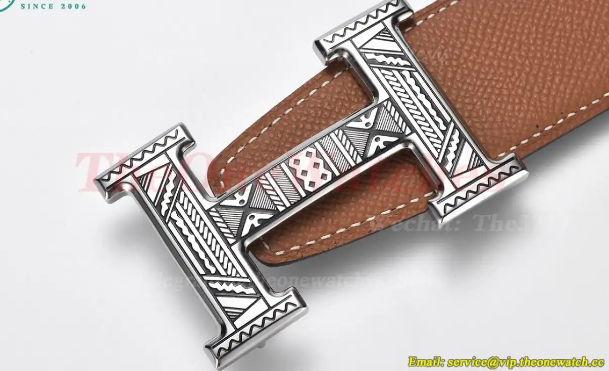 Silver Hermes SS Buckle on Brown Black Leather Belt 3.8cm