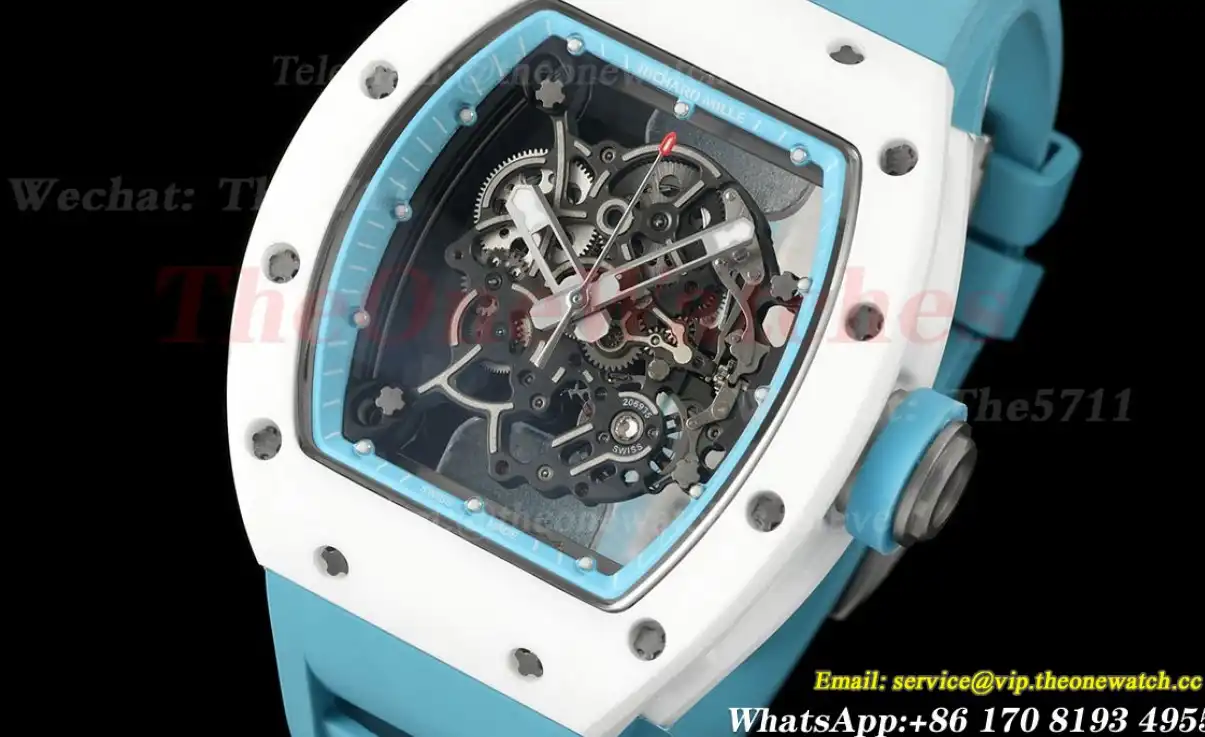 RM055 White Ceramic Blue Skeleton Dial On Blue Rubber Strap T+F RMUL2