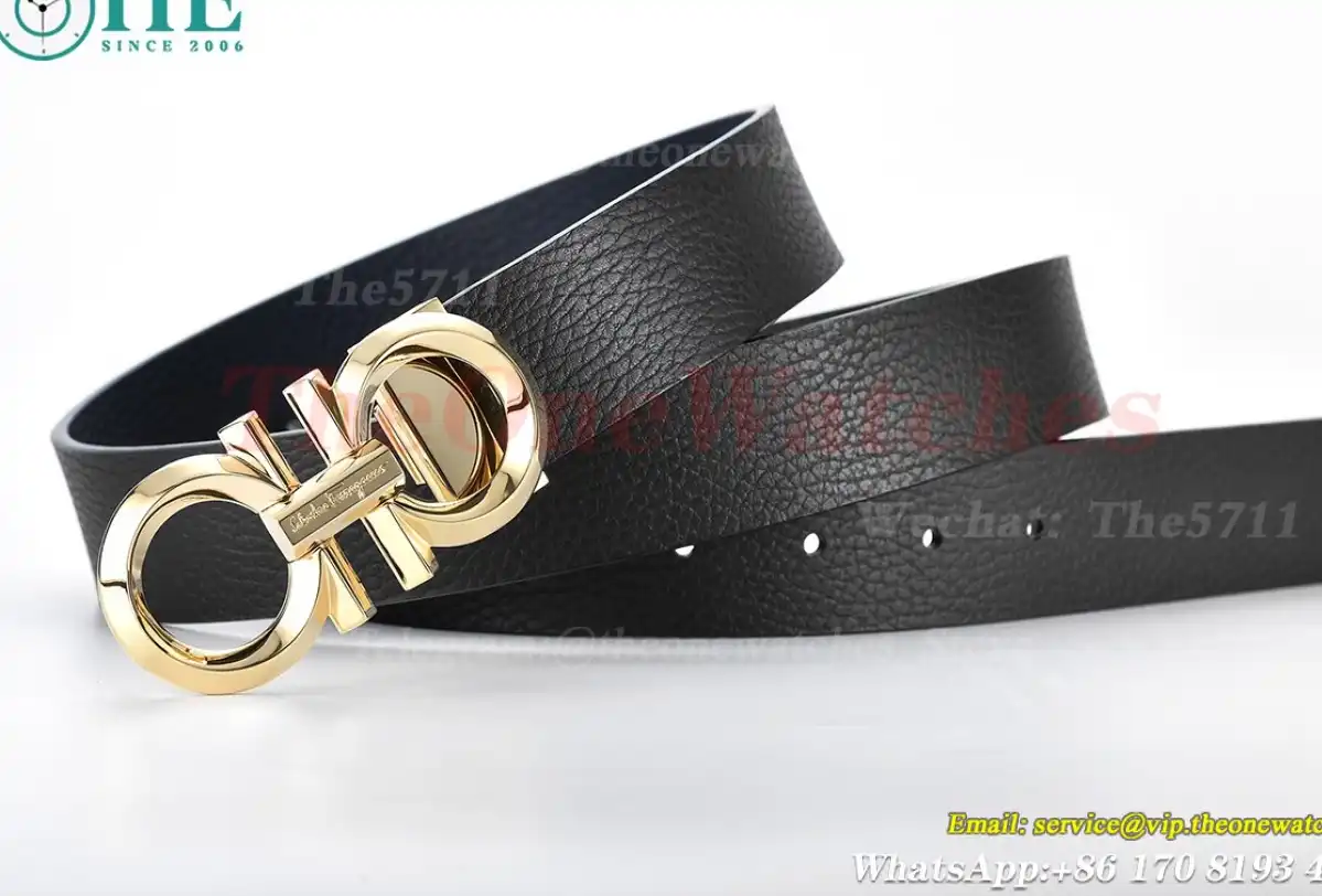 YG Brass Buckle on Black Blue Leather Belt 3.5cm