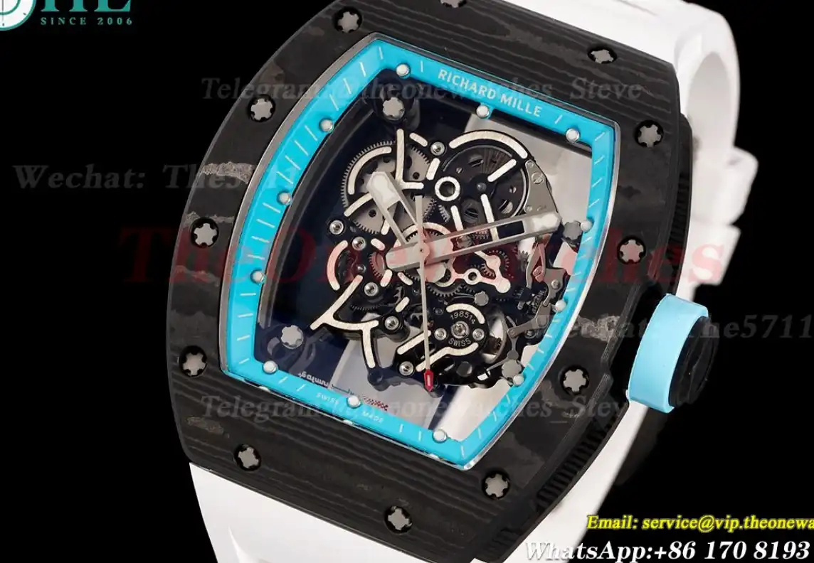 RM055 Real NTPT Skeleton Blue Dial On White Rubber Strap YSF RMUL2