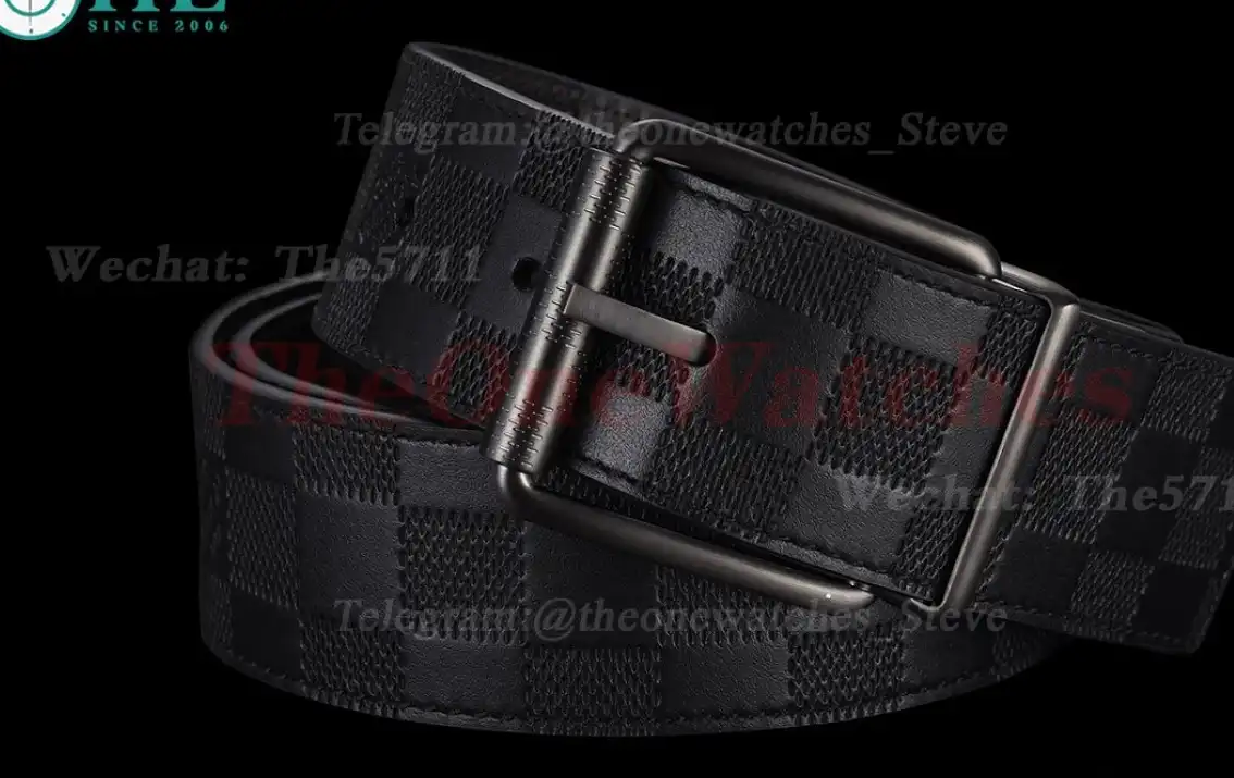 Bright Grey LV Brass Buckle on Black Grey Leather Belt 4.0cm