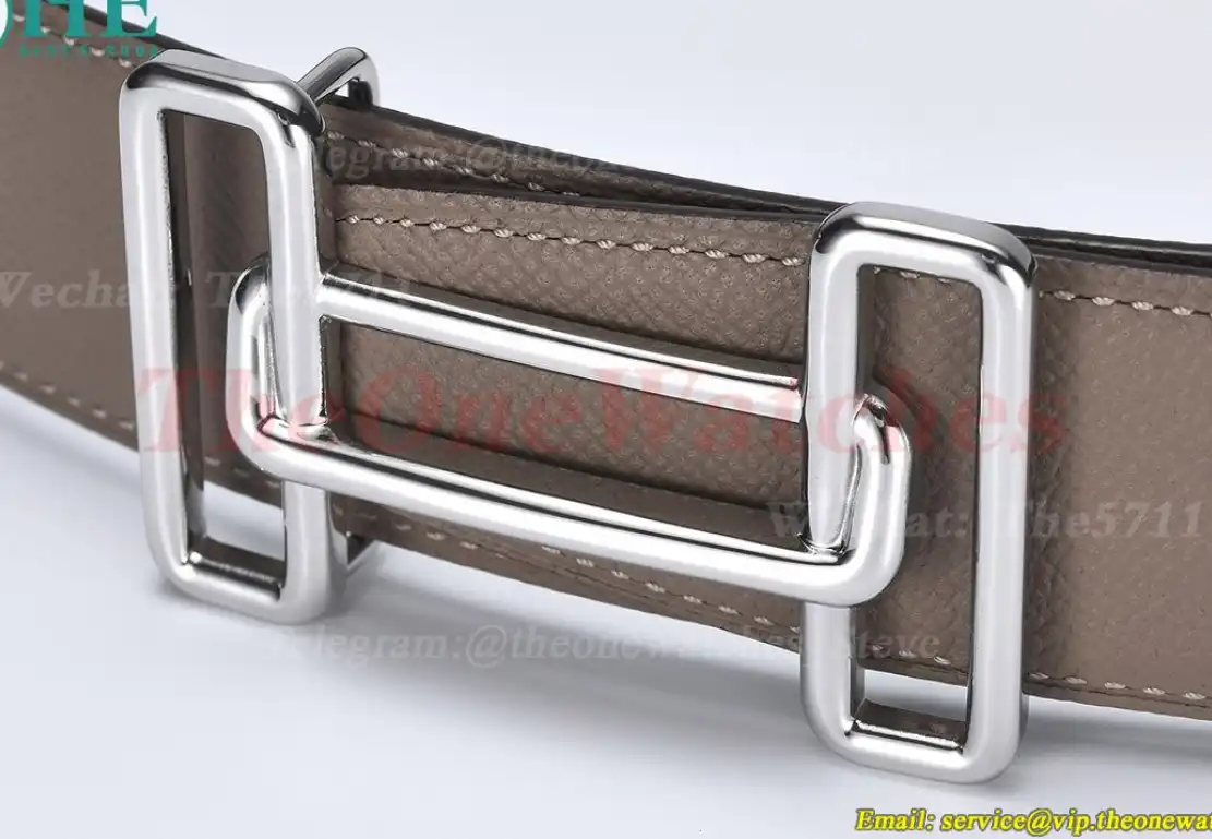 Silver Hermes SS Buckle on Apricot Black Leather Belt 3.8cm