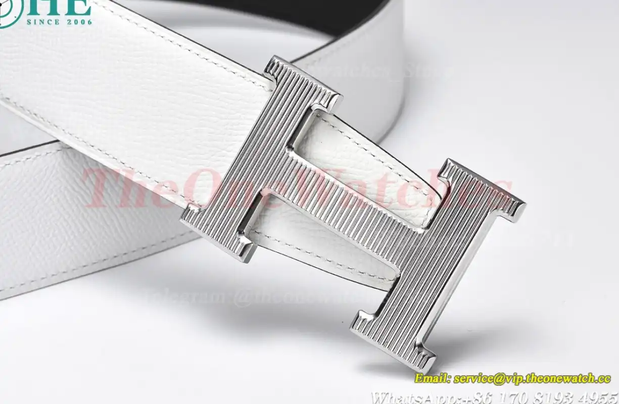 Silver Hermes SS Buckle on White Black Leather Belt 3.8cm