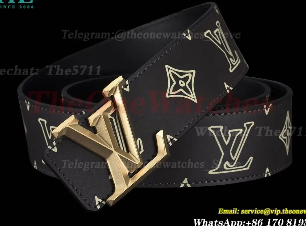 Yellow Gold LV Brass Buckle on Black Leather Belt 4.0cm