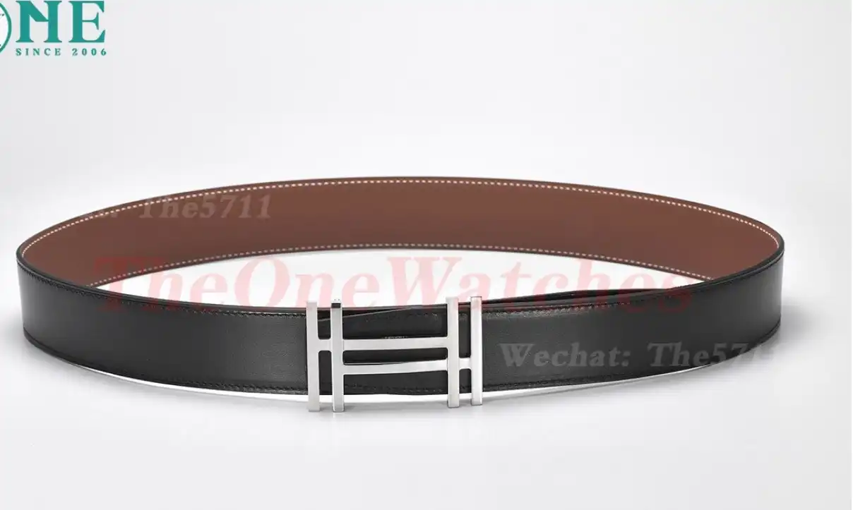 Silver Hermes SS Buckle on Brown Black Leather Belt 3.8cm