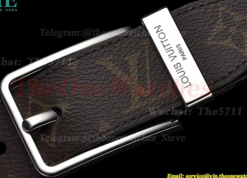 Silver LV SS Buckle on Brown Leather Belt 3.5cm