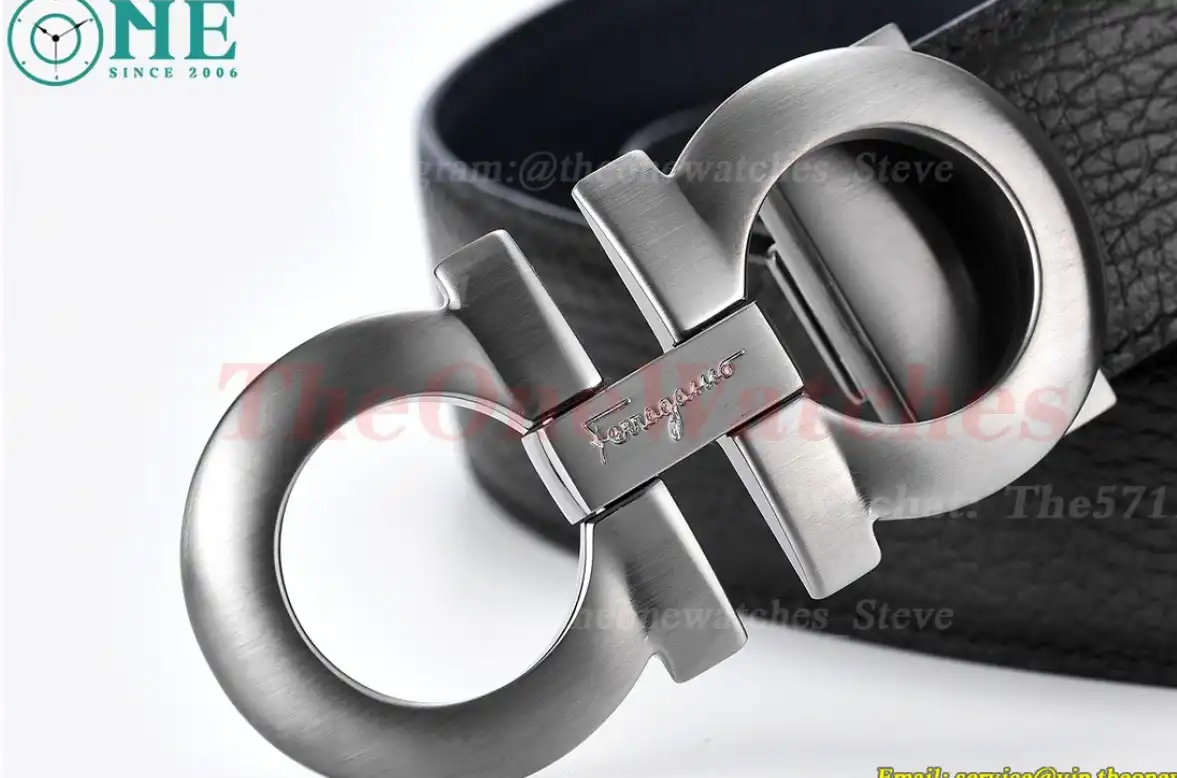 Bright Grey Brass Buckle on Black Blue Leather Belt 3.5cm