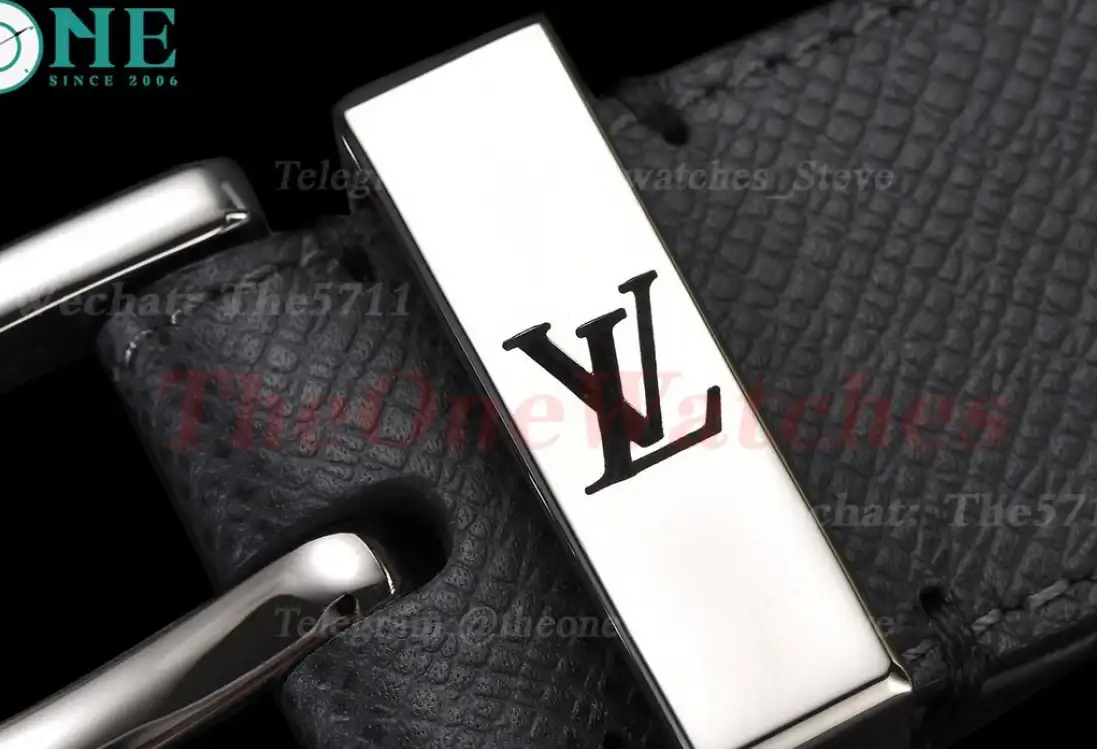 Silver LV SS Buckle on Black Leather Belt 3.5cm