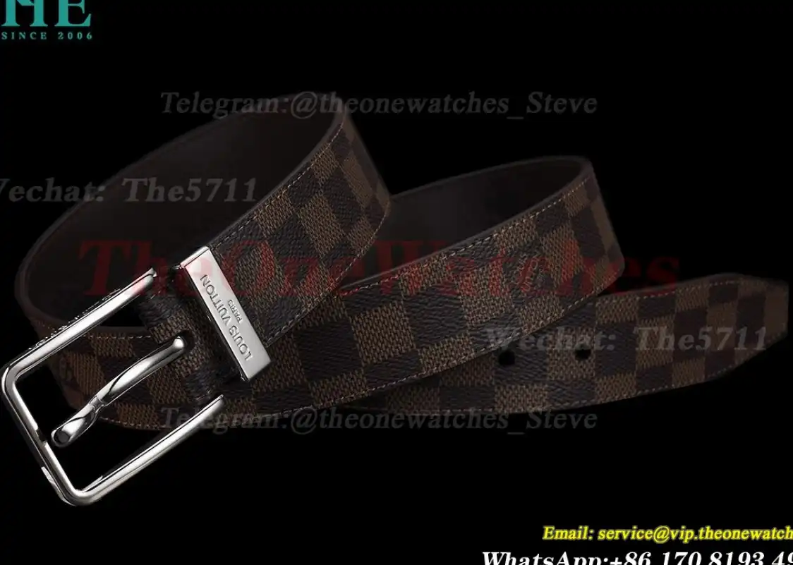 Silver LV SS Buckle on Brown Leather Belt 3.5cm